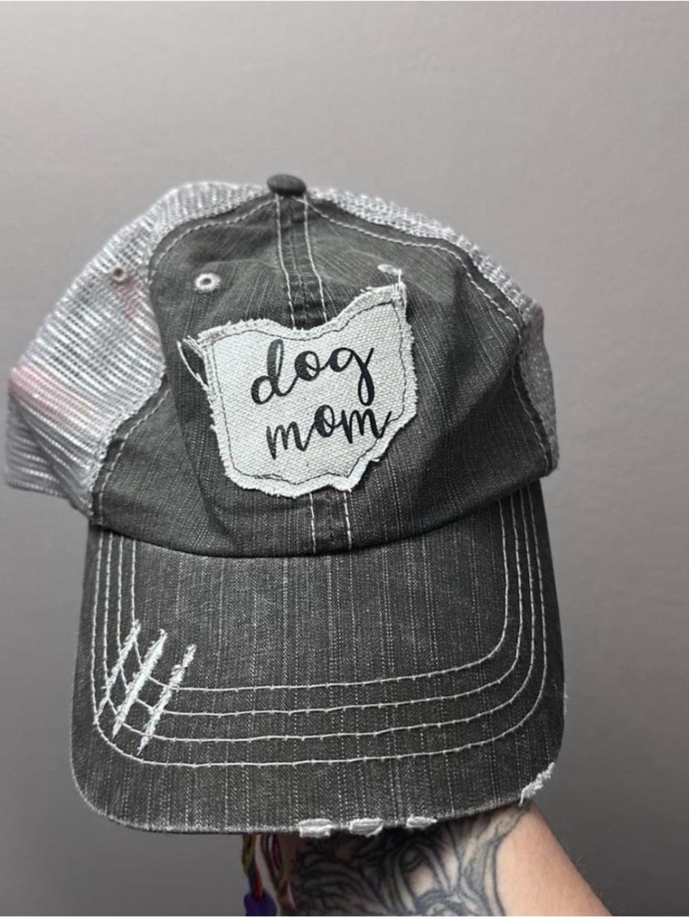 Dog Mom Distressed Trucker Hat - Charcoal Gray